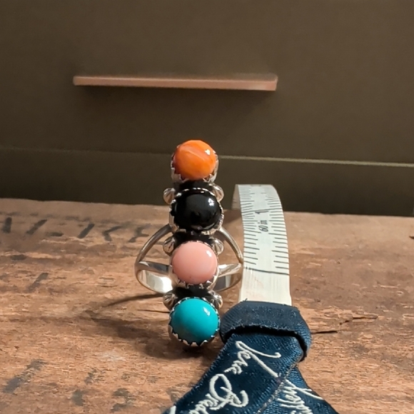 Jewelry - Cabochon Statement Ring - Orange Spiny Oyster, Black Onyx, Pink Coral, Turquoise